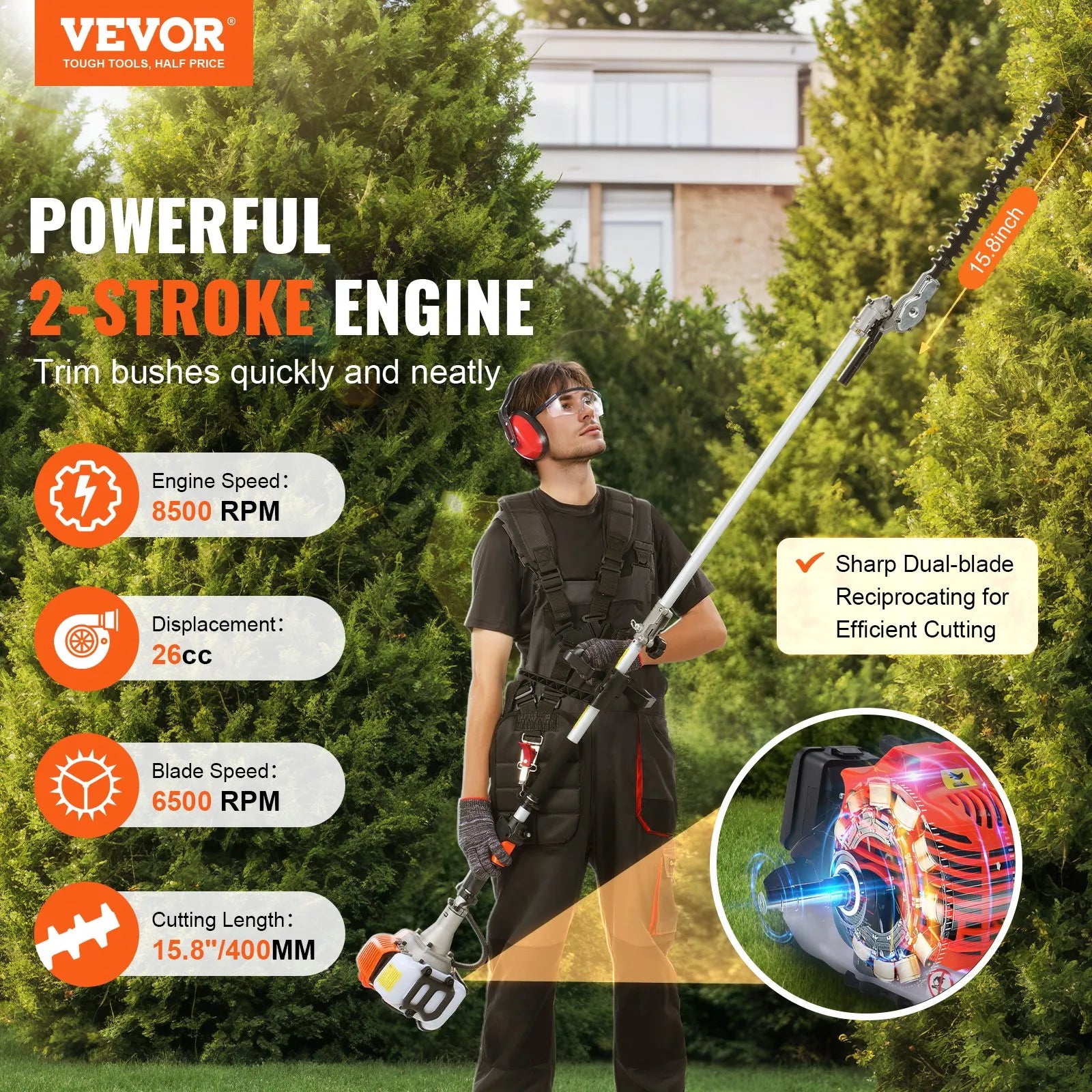 F26-B 26CC 2-Cycle Gas Powered Pole Hedge Trimmer with 5.7" Dual-Action Blade & 270° Adjustable Head