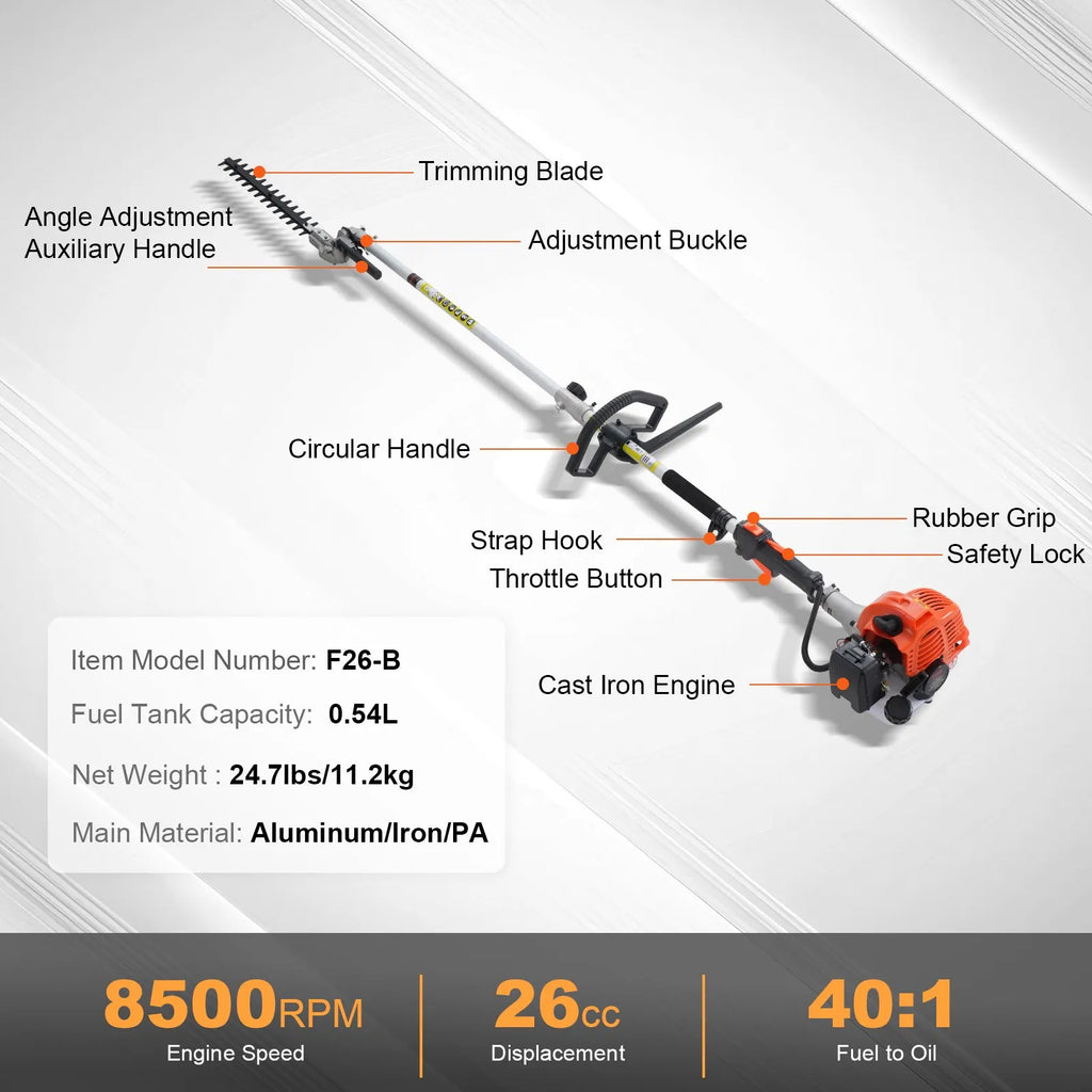 F26-B 26CC 2-Cycle Gas Powered Pole Hedge Trimmer with 5.7" Dual-Action Blade & 270° Adjustable Head