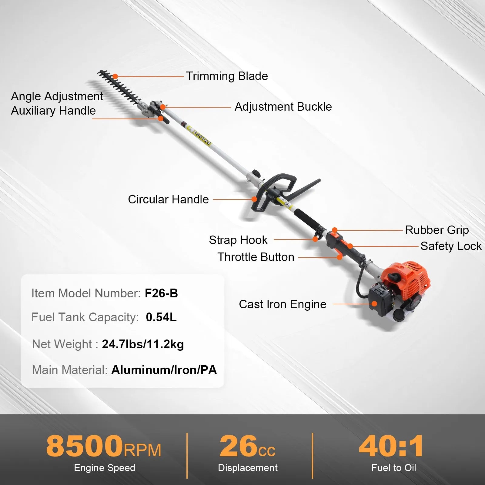 F26-B 26CC 2-Cycle Gas Powered Pole Hedge Trimmer with 5.7" Dual-Action Blade & 270° Adjustable Head