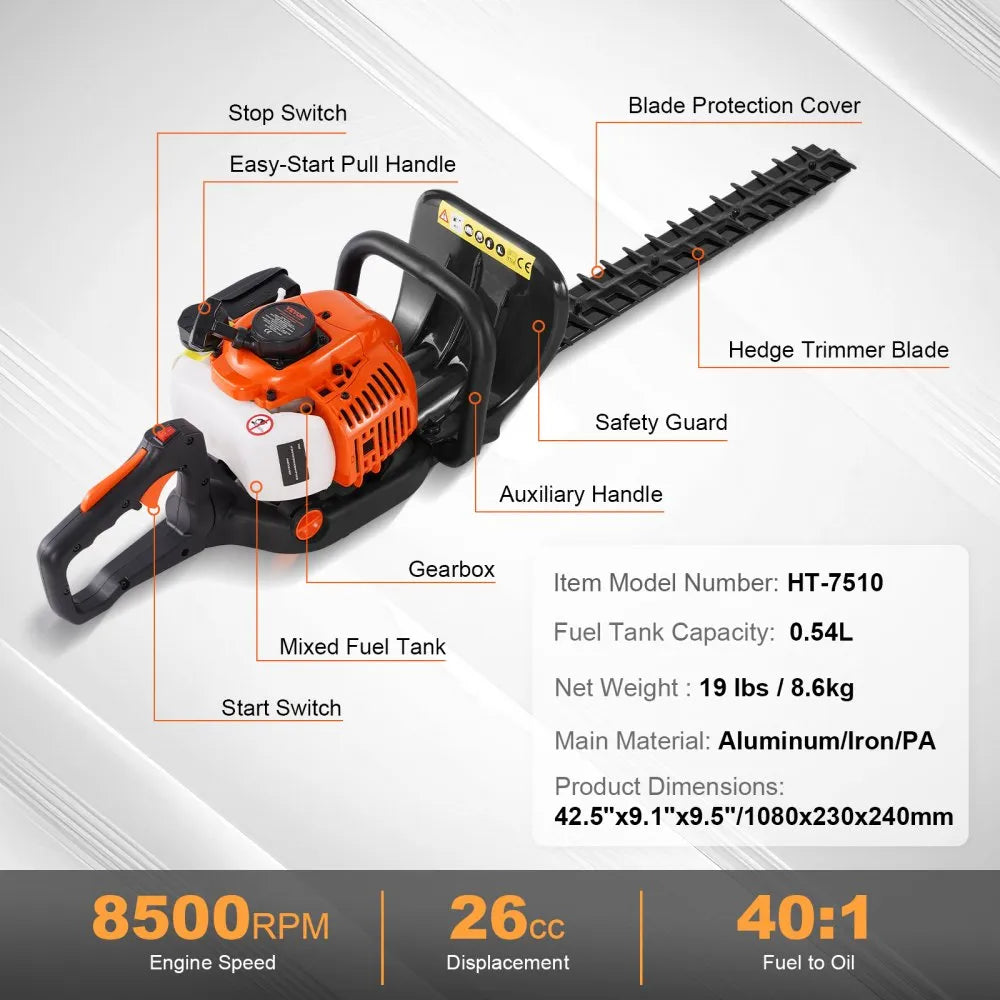 HT-7510 23.2" 26CC Gas Powered Hedge Trimmer with Adjustable Head
