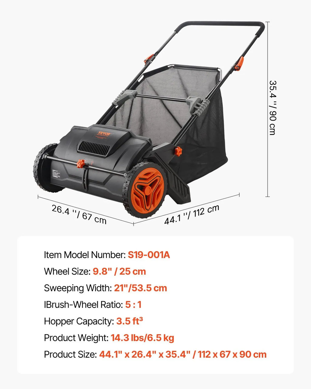 S19-001A 21" Push Lawn Sweeper with 3.5 cu. ft. Hopper Bag & Adjustable Brushes