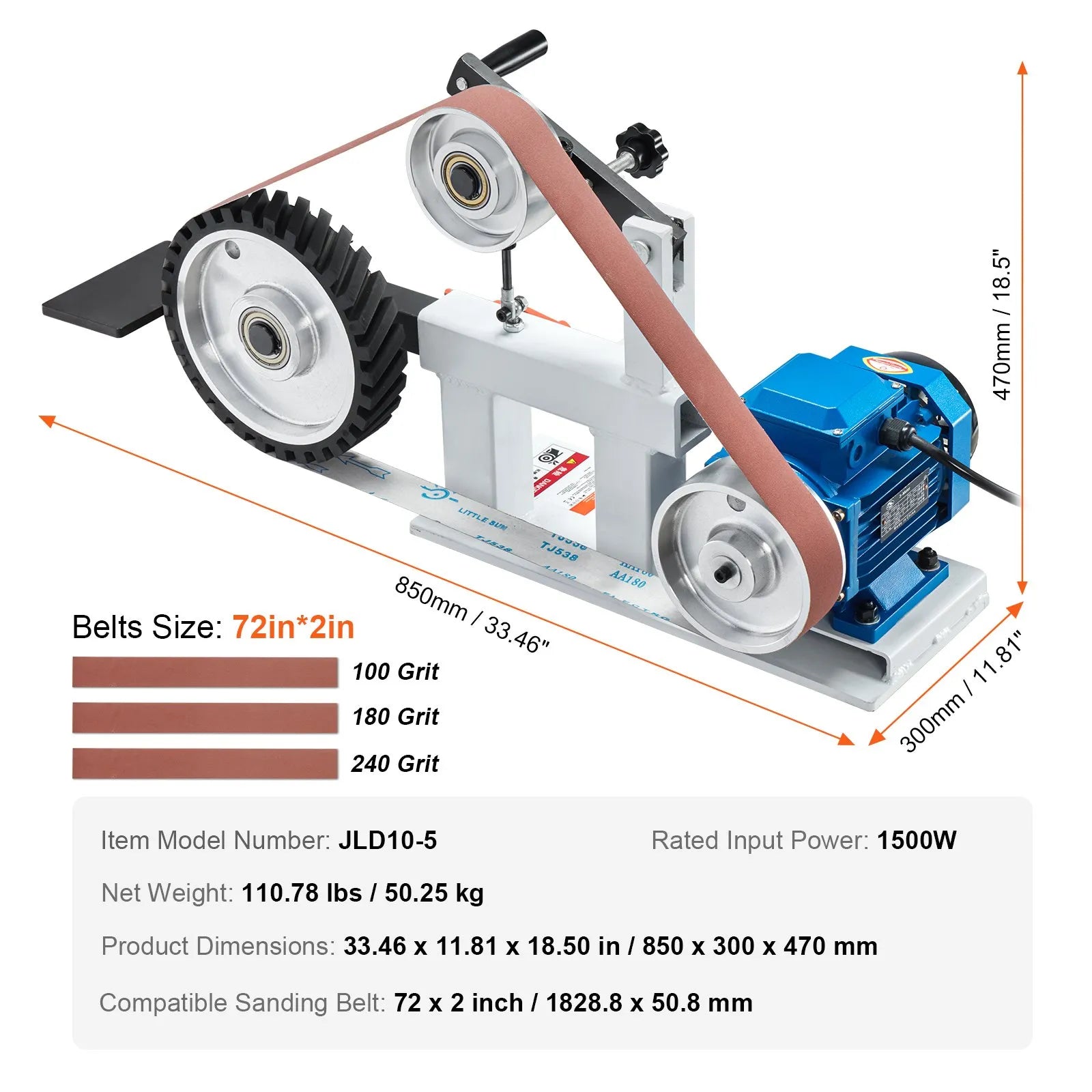JLD10-5 72" x 2" Variable Speed Belt Grinder Sander, 1500W 2HP Belt Polisher with VFD & 3 Sanding Belts for Knife Making, Metalworking & Woodworking