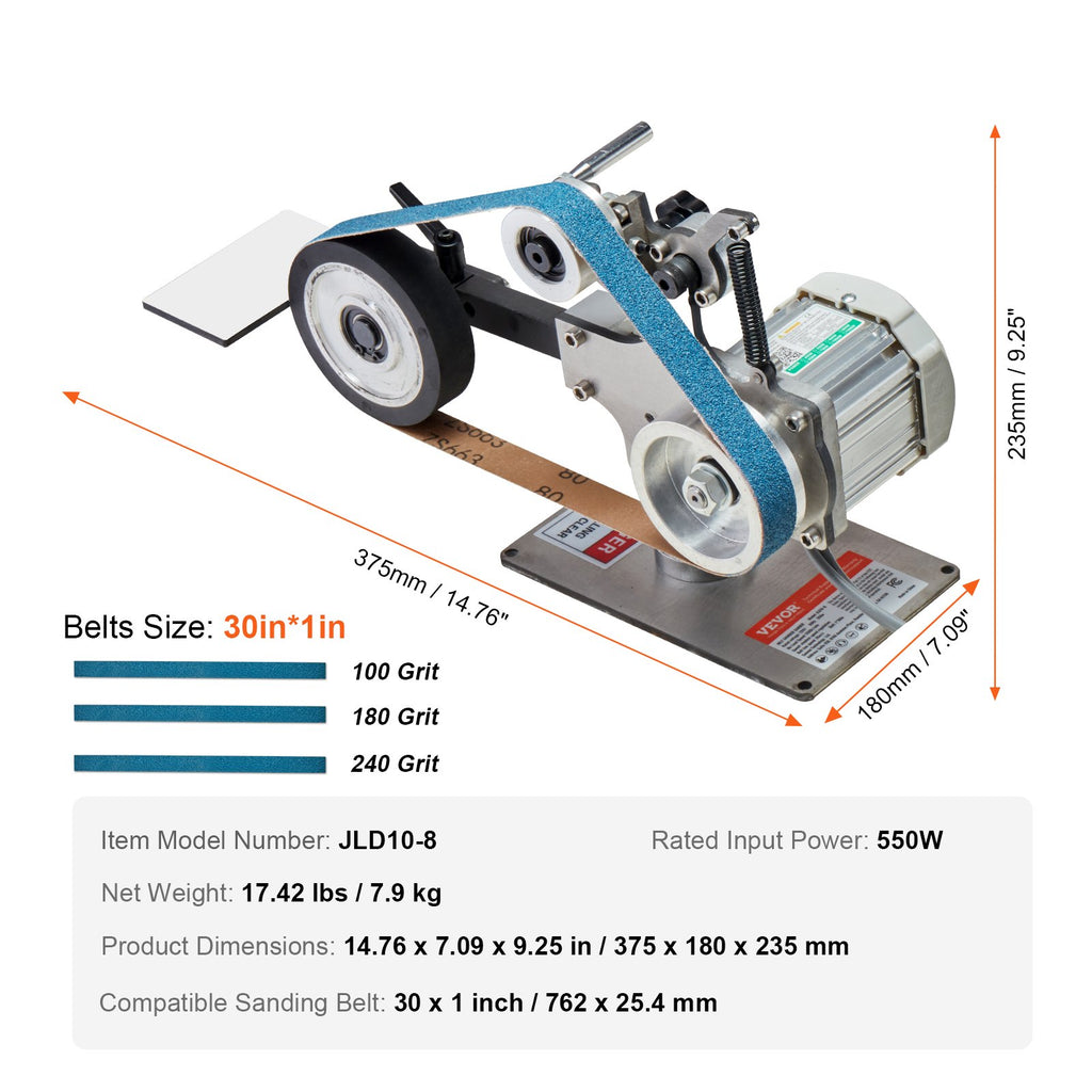 JLD10-8 30 x 1-Inch Variable Speed Belt Grinder Sander, 550W Bench Belt Polisher with VFD, 3 Sanding Belts for Metalworking & Knife Making