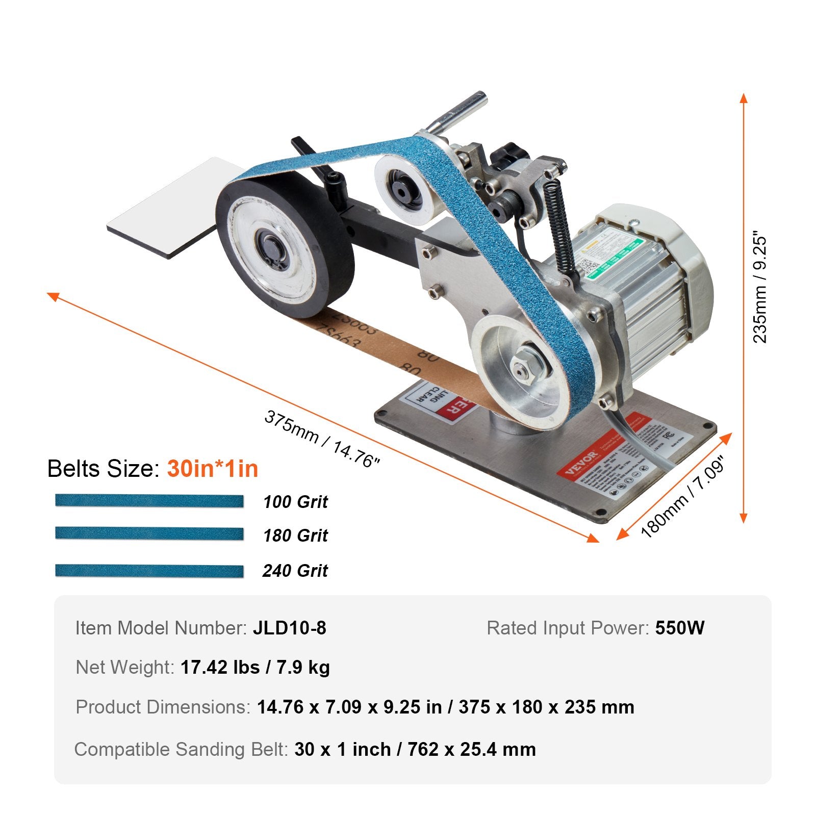 JLD10-8 30 x 1-Inch Variable Speed Belt Grinder Sander, 550W Bench Belt Polisher with VFD, 3 Sanding Belts for Metalworking & Knife Making