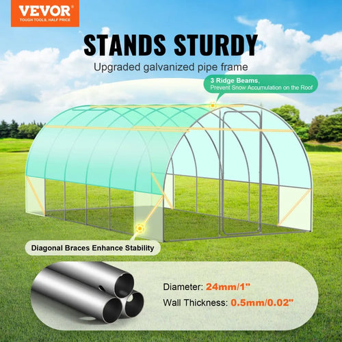 3×6×2.25m(6）G Walk-in Tunnel Greenhouse 19.4 x 9.7 x 7.4 ft, Heavy-Duty Hoop House with Galvanized Steel Frame, 12 Roll-Up Windows & PE Cover
