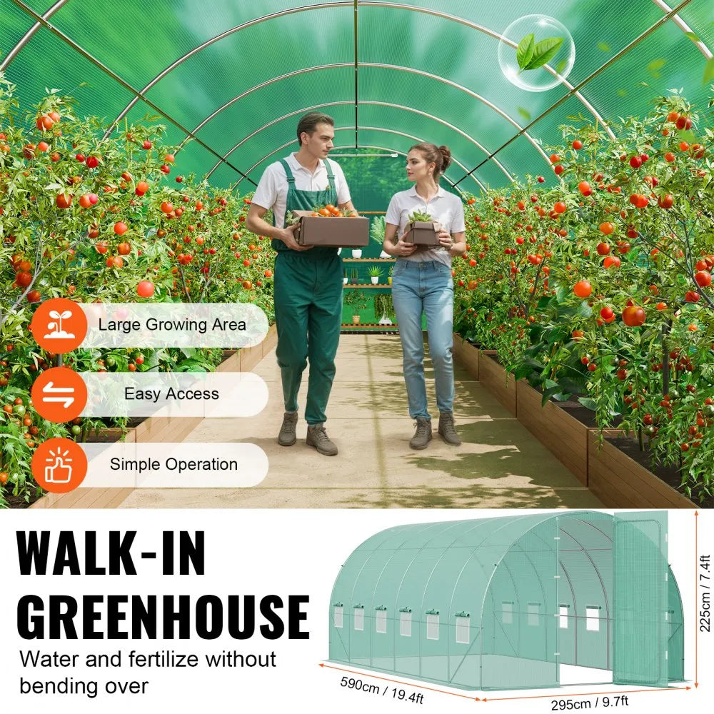 3×6×2.25m(6）G Walk-in Tunnel Greenhouse 19.4 x 9.7 x 7.4 ft, Heavy-Duty Hoop House with Galvanized Steel Frame, 12 Roll-Up Windows & PE Cover
