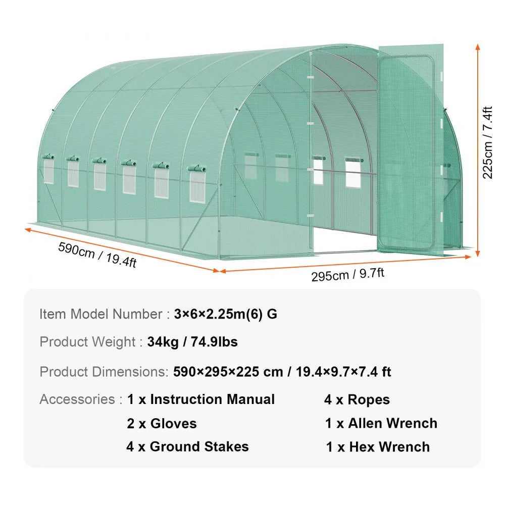 3×6×2.25m(6）G Walk-in Tunnel Greenhouse 19.4 x 9.7 x 7.4 ft, Heavy-Duty Hoop House with Galvanized Steel Frame, 12 Roll-Up Windows & PE Cover