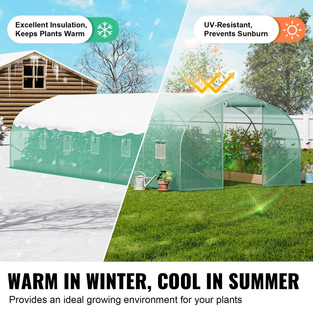 HS-F039 Walk-in Tunnel Greenhouse 29.5 x 9.8 x 6.6 ft, Heavy-Duty PE Hoop House with Galvanized Steel Frame, Roll-Up Zipper Door & 12 Windows
