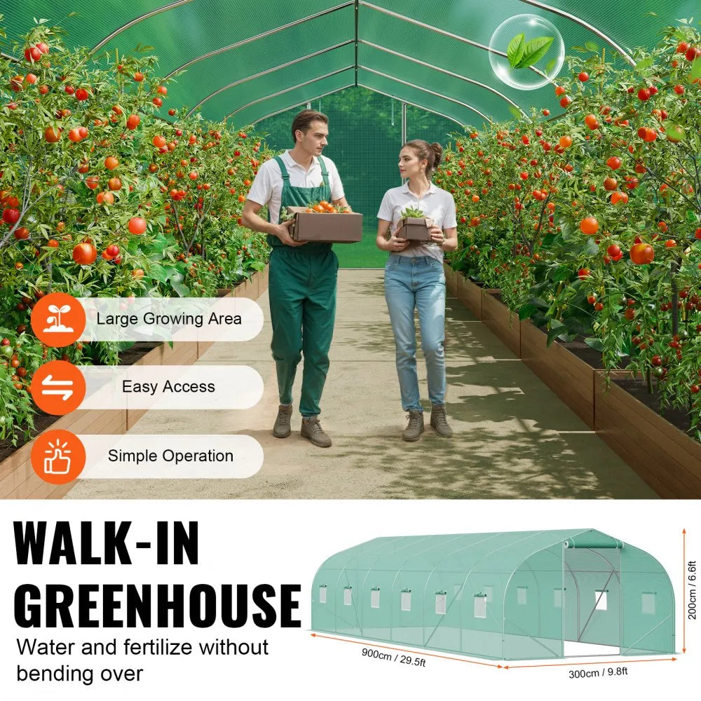 HS-F039 Walk-in Tunnel Greenhouse 29.5 x 9.8 x 6.6 ft, Heavy-Duty PE Hoop House with Galvanized Steel Frame, Roll-Up Zipper Door & 12 Windows