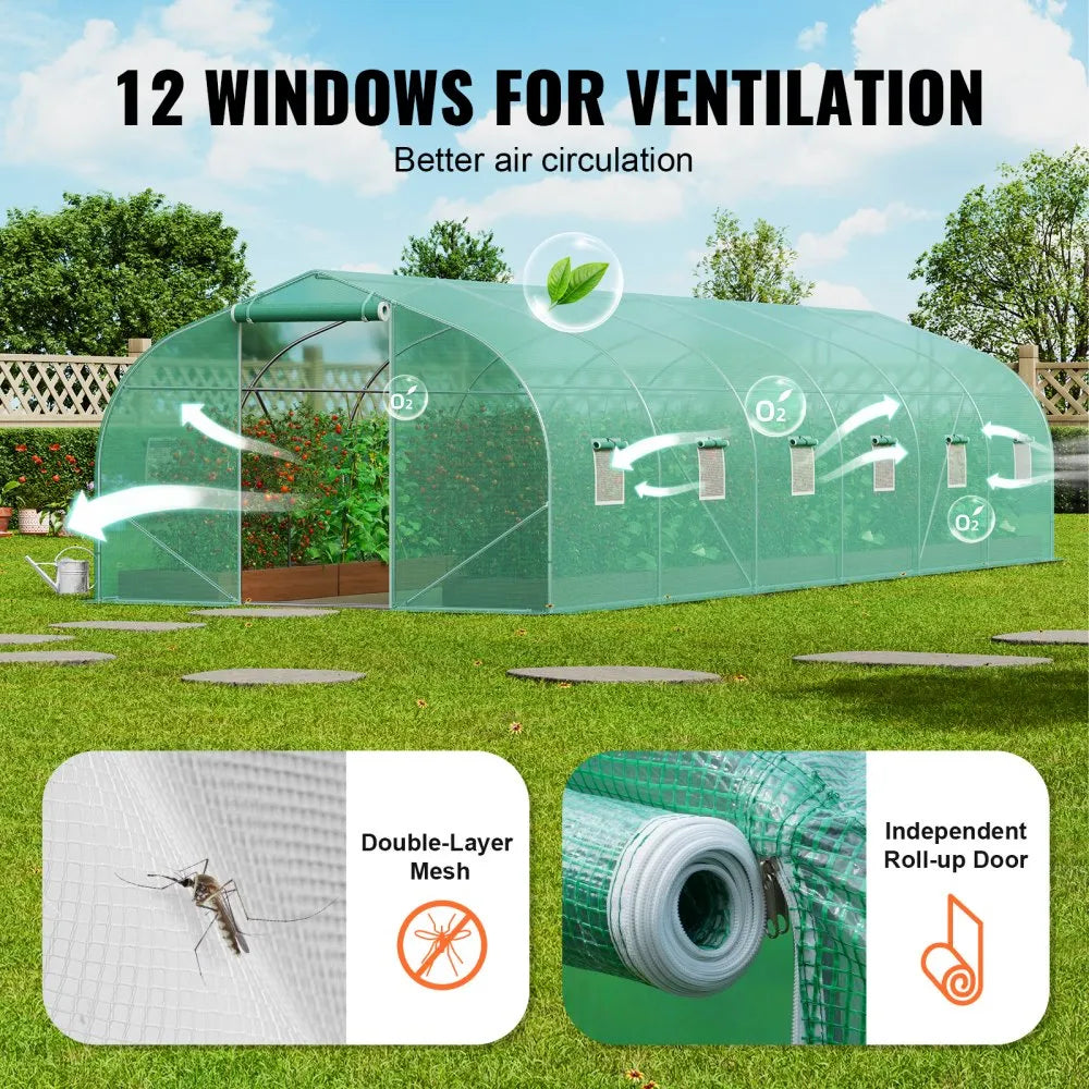 HS-F039 Walk-in Tunnel Greenhouse 29.5 x 9.8 x 6.6 ft, Heavy-Duty PE Hoop House with Galvanized Steel Frame, Roll-Up Zipper Door & 12 Windows