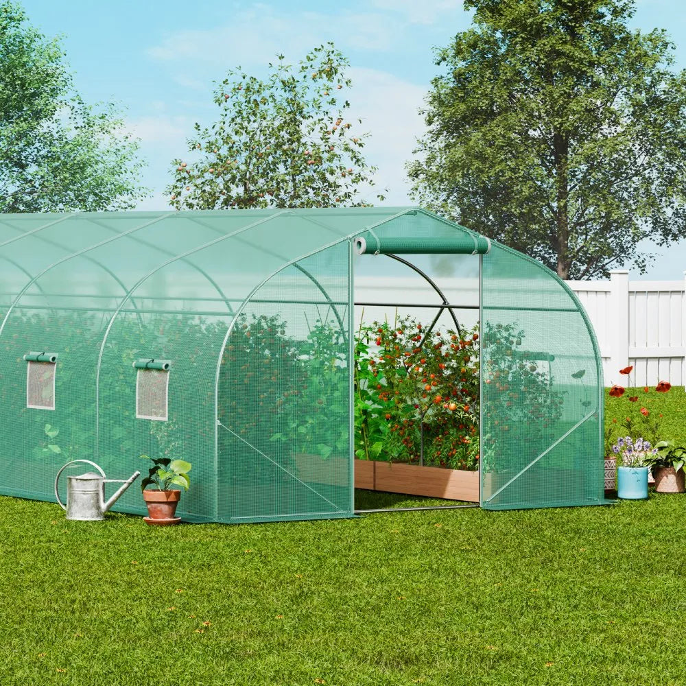 HS-F039 Walk-in Tunnel Greenhouse 29.5 x 9.8 x 6.6 ft, Heavy-Duty PE Hoop House with Galvanized Steel Frame, Roll-Up Zipper Door & 12 Windows