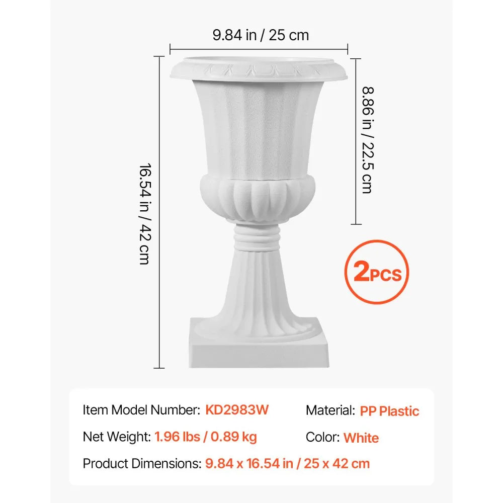 KD2983W Plastic Urn Planters 2-Pack, 9.8" x 16.5" White Indoor & Outdoor Flower Pots