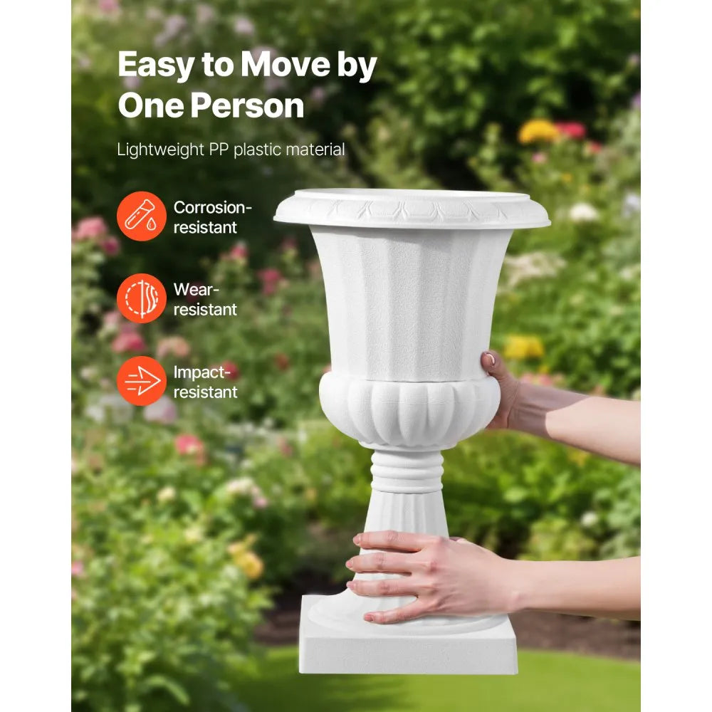 KD2983W Plastic Urn Planters 2-Pack, 9.8" x 16.5" White Indoor & Outdoor Flower Pots