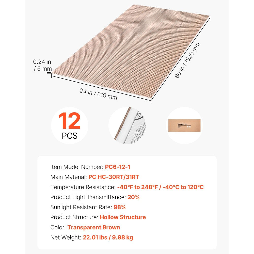 PC6-12-1 12PCS Polycarbonate Roof Panels 5' x 2' Double-Wall Greenhouse Roofing Sheets