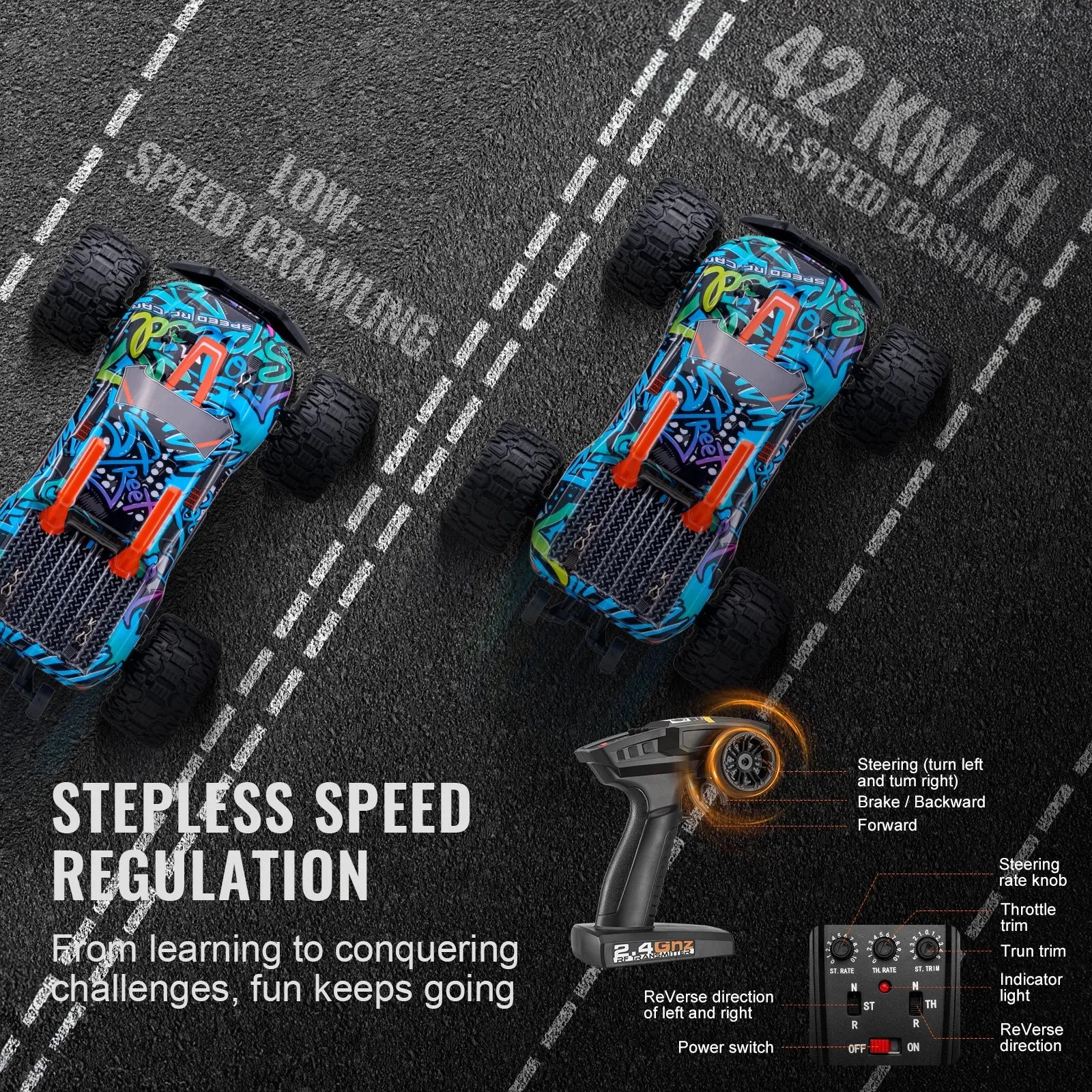 1:14 Scale RC Car for Kids, 4WD Off-Road Remote Control Truck, 42 km/h, Adjustable Speed, Extra Car Shell