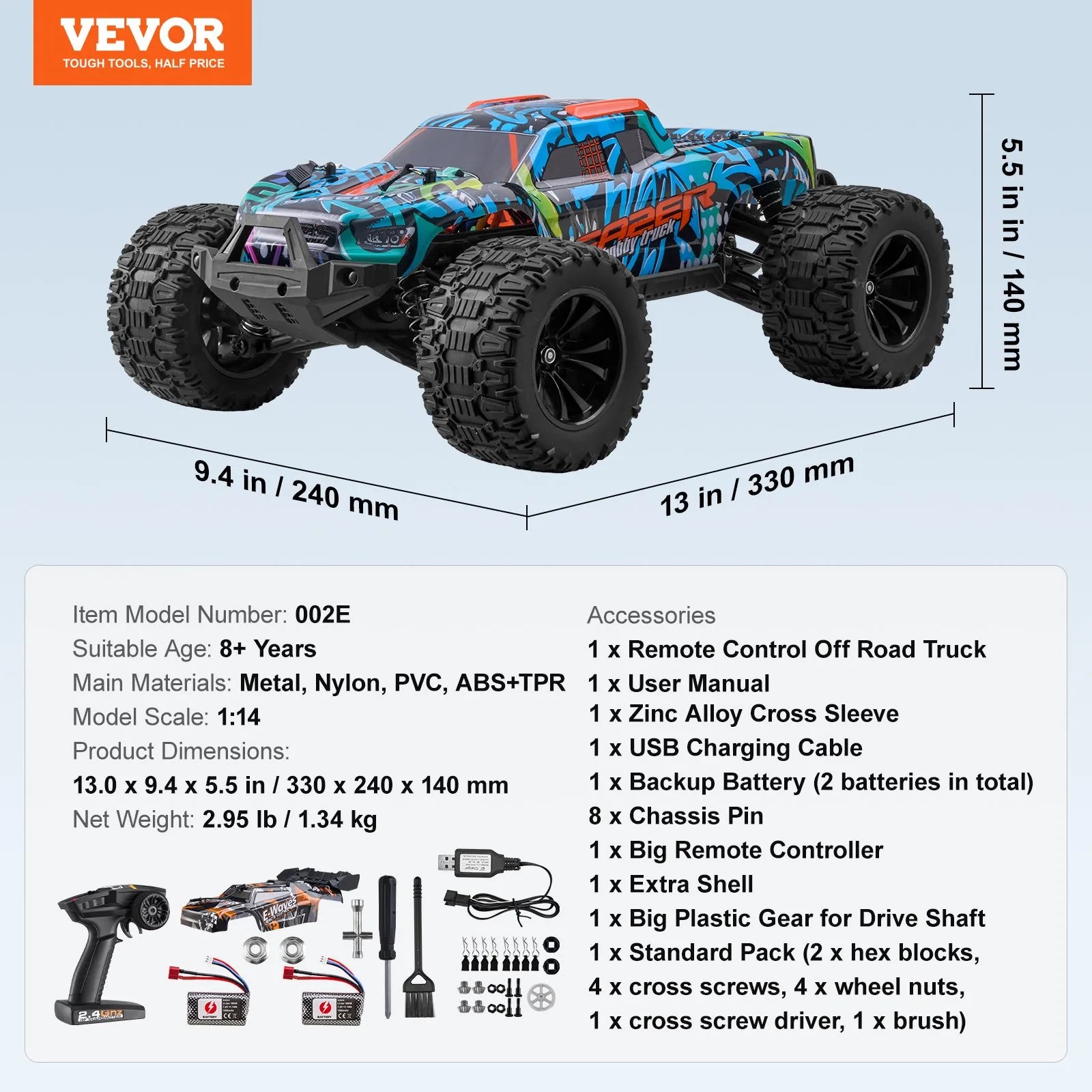 1:14 Scale RC Car for Kids, 4WD Off-Road Remote Control Truck, 42 km/h, Adjustable Speed, Extra Car Shell
