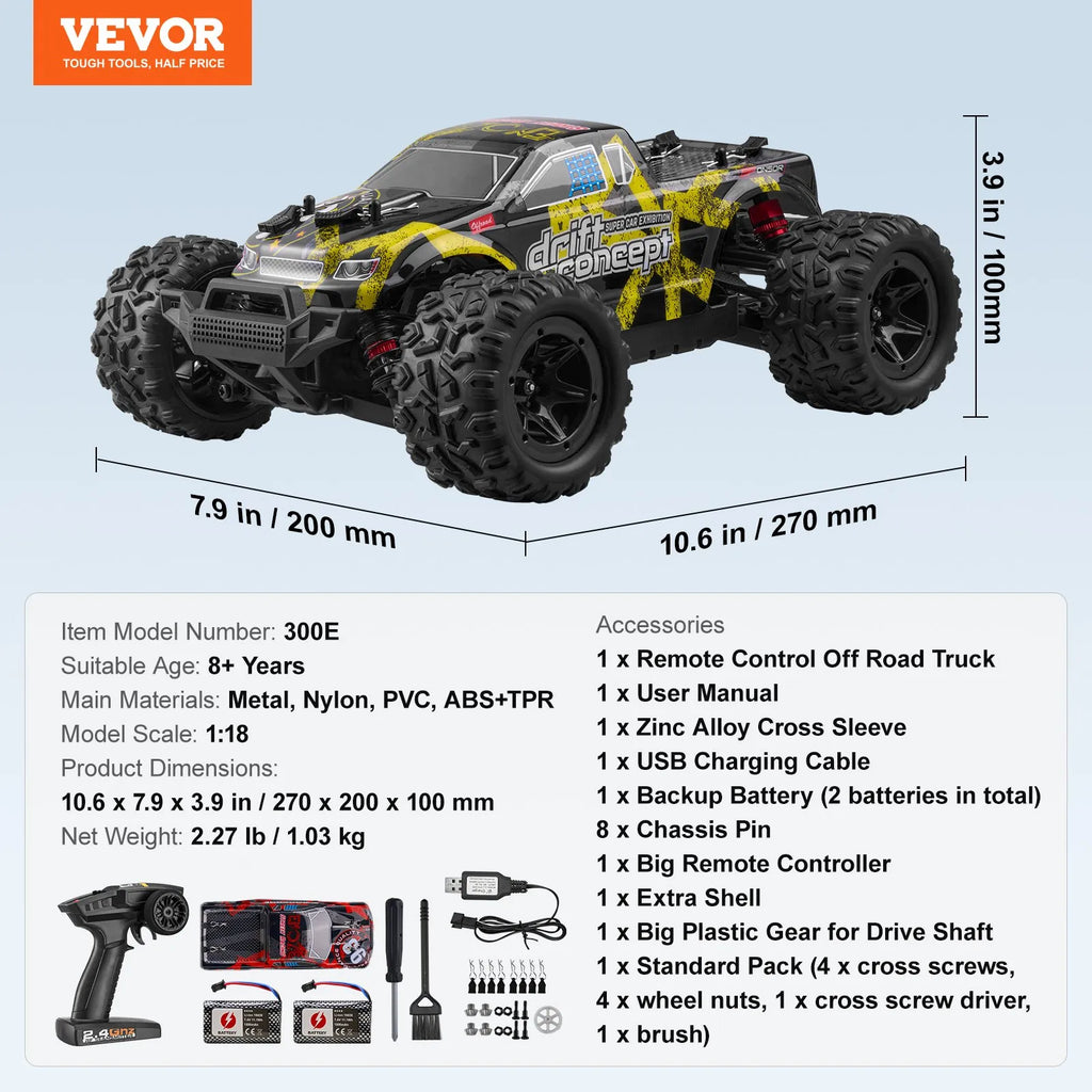 1:18 RC Off-Road Car for Kids, 4WD High-Speed Remote Control Truck, 45 km/h, IPX4