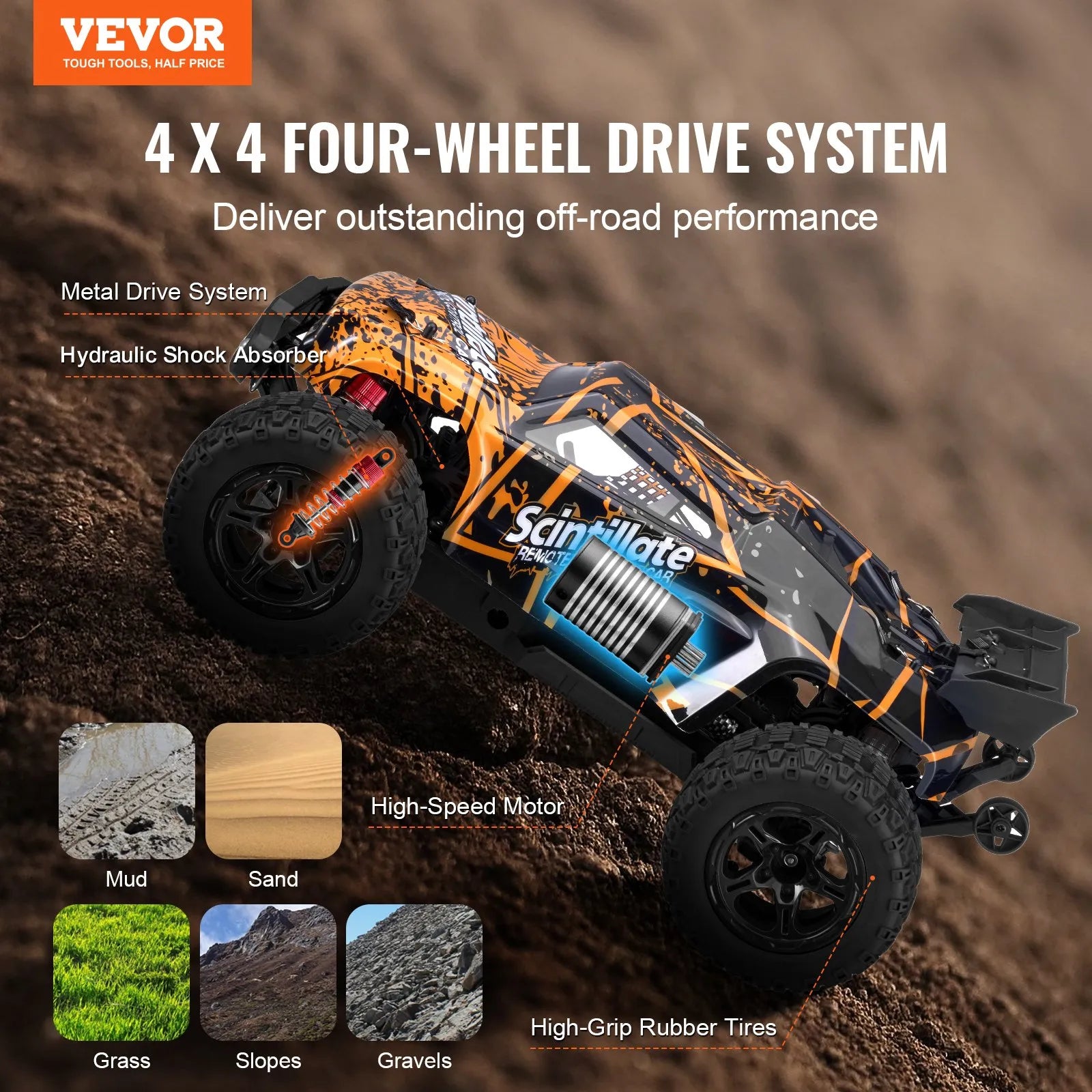 1:10 RC Car for Kids, 4WD Off-Road Remote Control Truck, 50 km/h High-Speed Racing Car, Adjustable Speed, All-Terrain Toy for Ages 8+