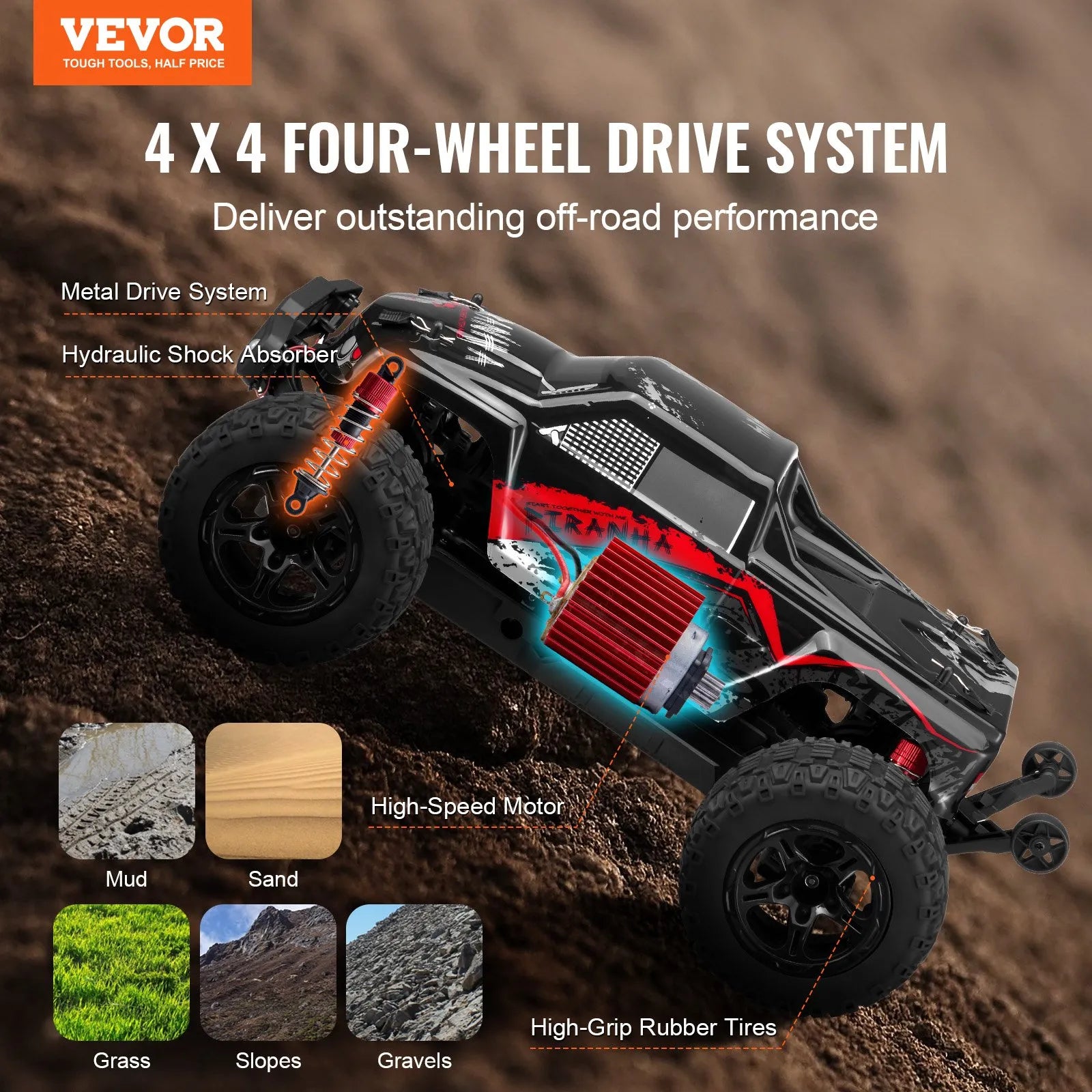 1:10 RC Monster Truck, 38 km/h 4WD Off-Road Remote Control Car with 2 Batteries