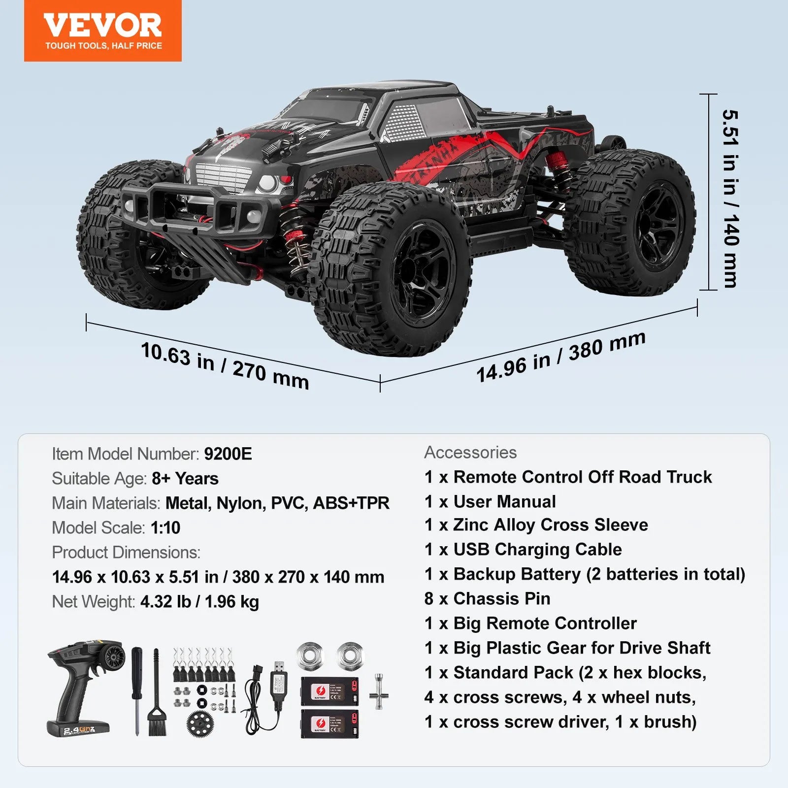 1:10 RC Monster Truck, 38 km/h 4WD Off-Road Remote Control Car with 2 Batteries