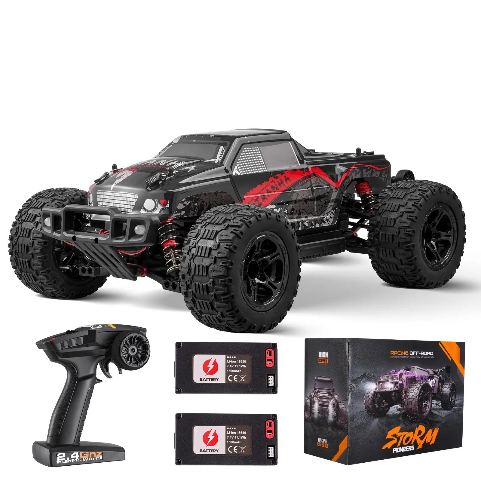 1:10 RC Monster Truck, 38 km/h 4WD Off-Road Remote Control Car with 2 Batteries