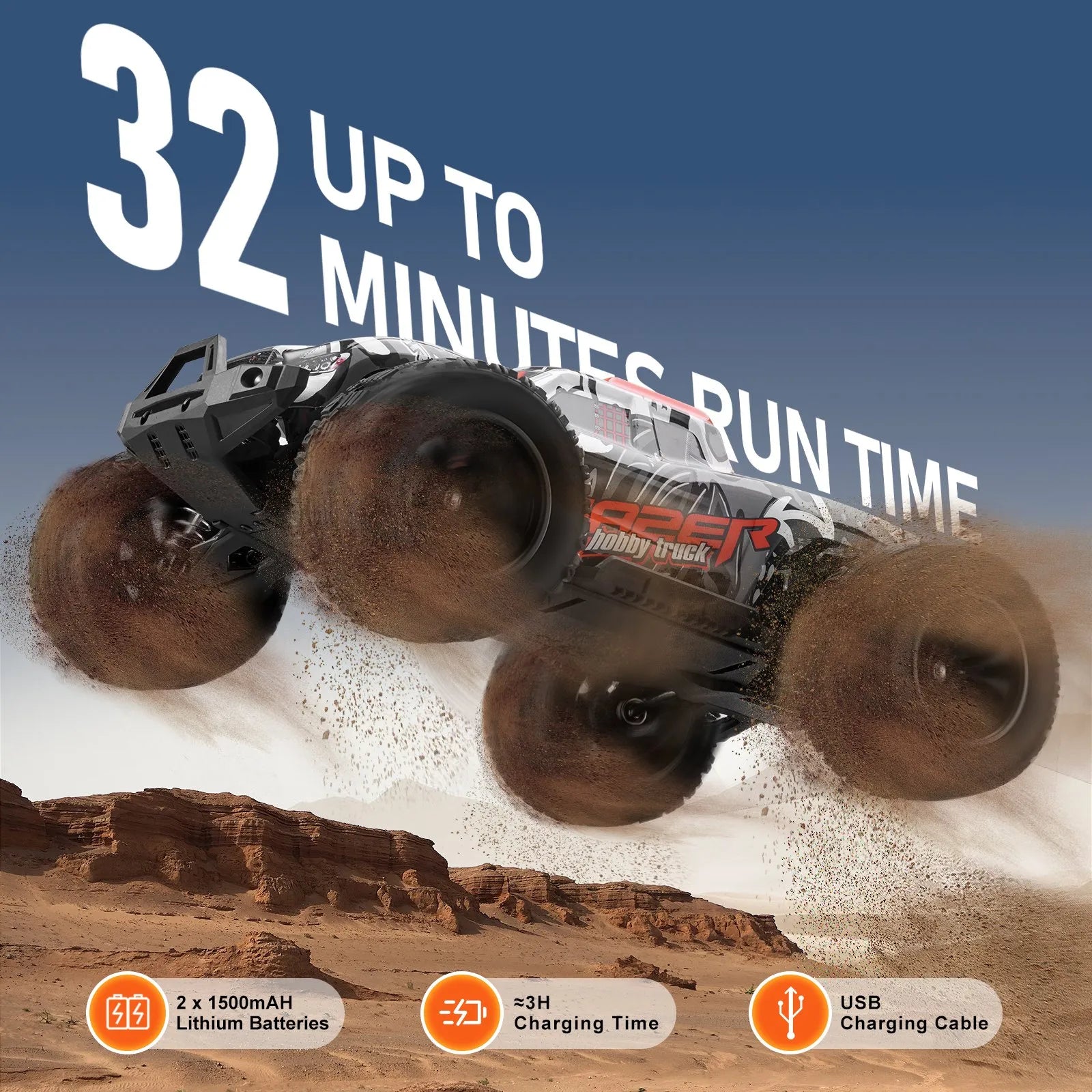 1:14 RC Off-Road Monster Truck, 4WD High-Speed Remote Control Car with 2 Batteries, 38 km/h