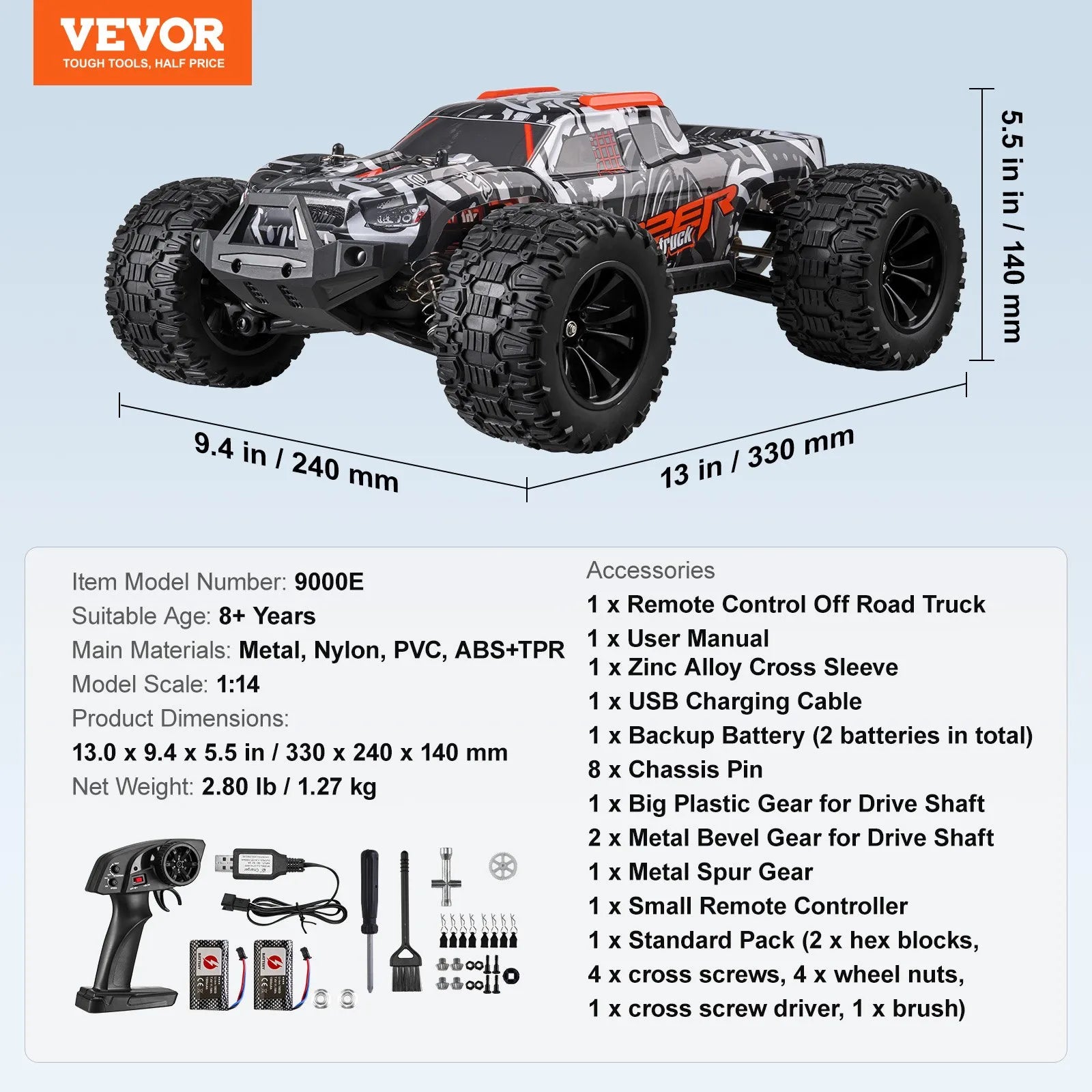1:14 RC Off-Road Monster Truck, 4WD High-Speed Remote Control Car with 2 Batteries, 38 km/h