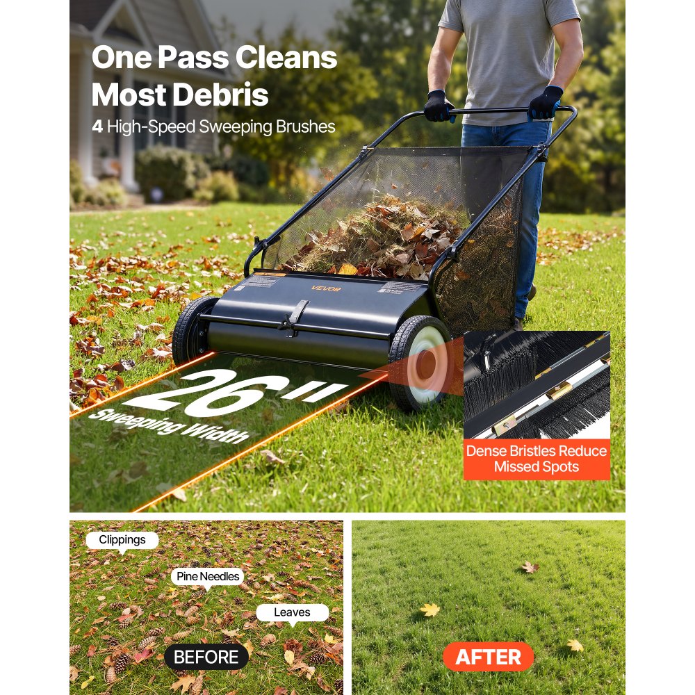 GT1110 26" Push Lawn Sweeper with 7 Cu. Ft. Hopper & 4 Spinning Brushes