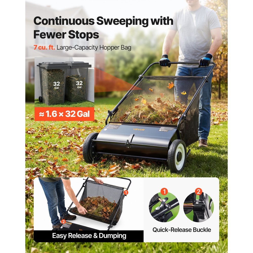 GT1110 26" Push Lawn Sweeper with 7 Cu. Ft. Hopper & 4 Spinning Brushes