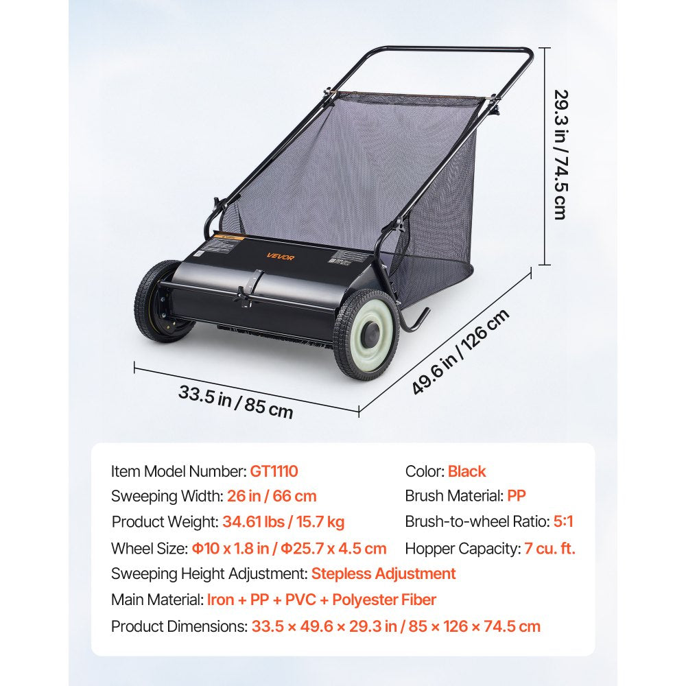 GT1110 26" Push Lawn Sweeper with 7 Cu. Ft. Hopper & 4 Spinning Brushes