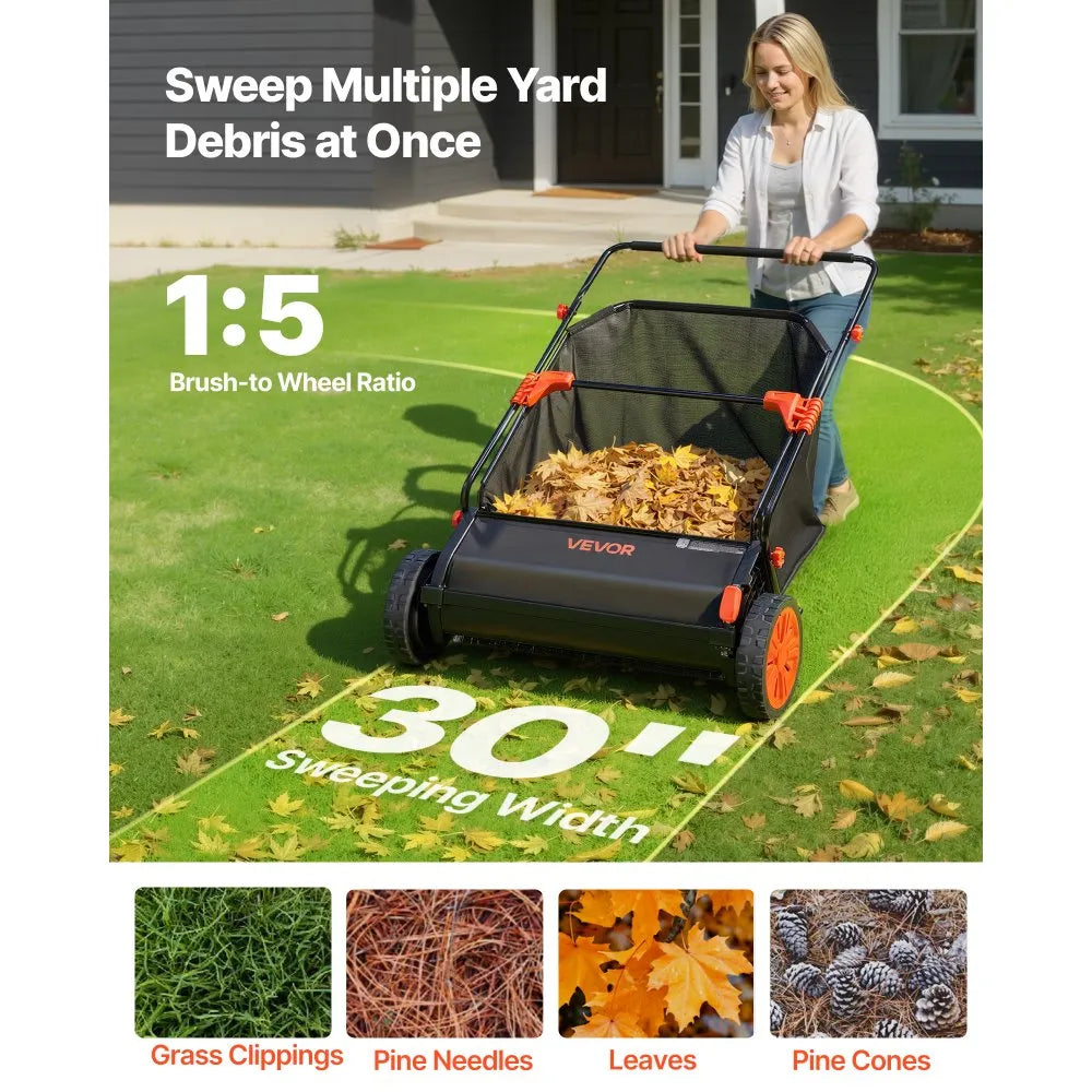 S19-003A 30" Push Lawn Sweeper with 12 Cu. Ft. Hopper Bag – Heavy Duty Leaf & Grass Collector