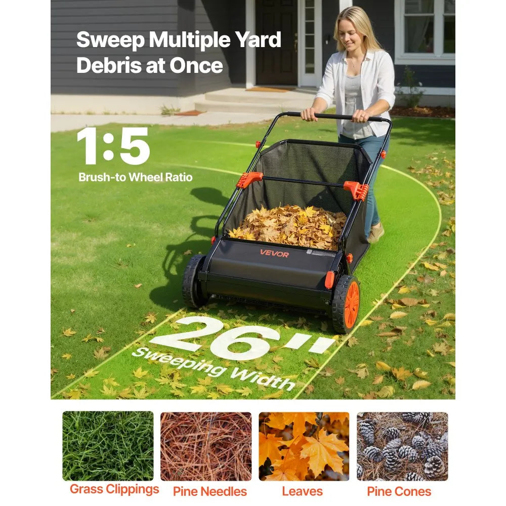 S19-002A 26" Push Lawn Sweeper with 7 Cu. Ft. Hopper Bag – Adjustable Brush Height, Heavy-Duty Leaf & Grass Collector