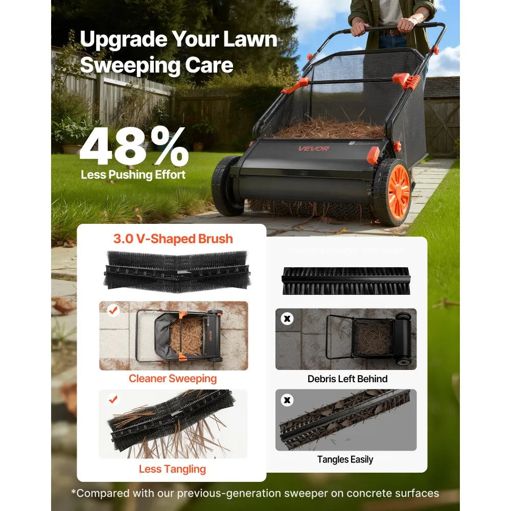 S19-002A 26" Push Lawn Sweeper with 7 Cu. Ft. Hopper Bag – Adjustable Brush Height, Heavy-Duty Leaf & Grass Collector