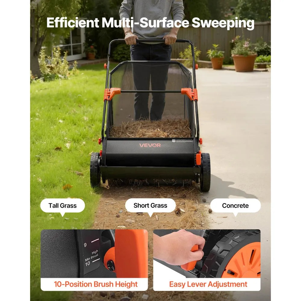 S19-002A 26" Push Lawn Sweeper with 7 Cu. Ft. Hopper Bag – Adjustable Brush Height, Heavy-Duty Leaf & Grass Collector