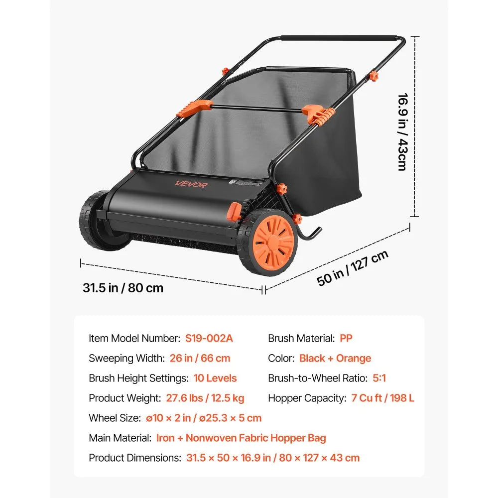 S19-002A 26" Push Lawn Sweeper with 7 Cu. Ft. Hopper Bag – Adjustable Brush Height, Heavy-Duty Leaf & Grass Collector