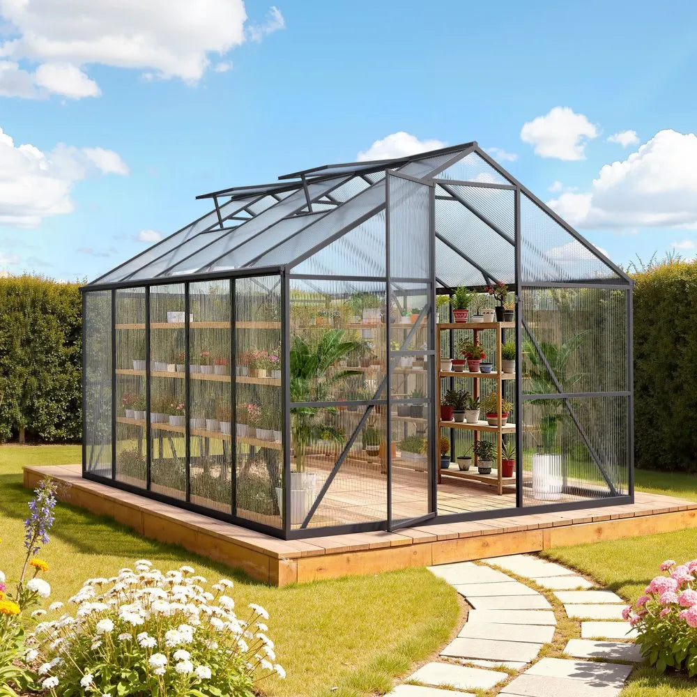 YGF-01-8X10 8 x 10 FT Polycarbonate Greenhouse, Heavy-Duty Walk-In Outdoor Greenhouse with Lockable Swing Door, Adjustable Vent Windows & Aluminum Frame