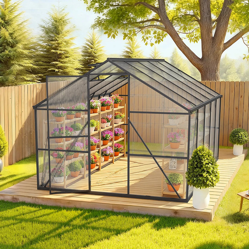 YGF-01-8X10 8 x 10 FT Polycarbonate Greenhouse, Heavy-Duty Walk-In Outdoor Greenhouse with Lockable Swing Door, Adjustable Vent Windows & Aluminum Frame
