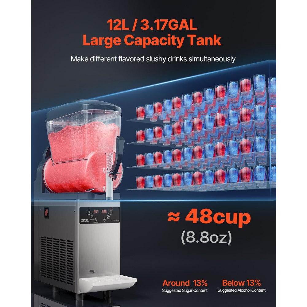 XN120B Commercial Slushy Machine 12L Single Tank Frozen Drink Maker, Stainless Steel Margarita & Smoothie Machine, 48 Cups for Restaurants, Cafes, Bars & Parties