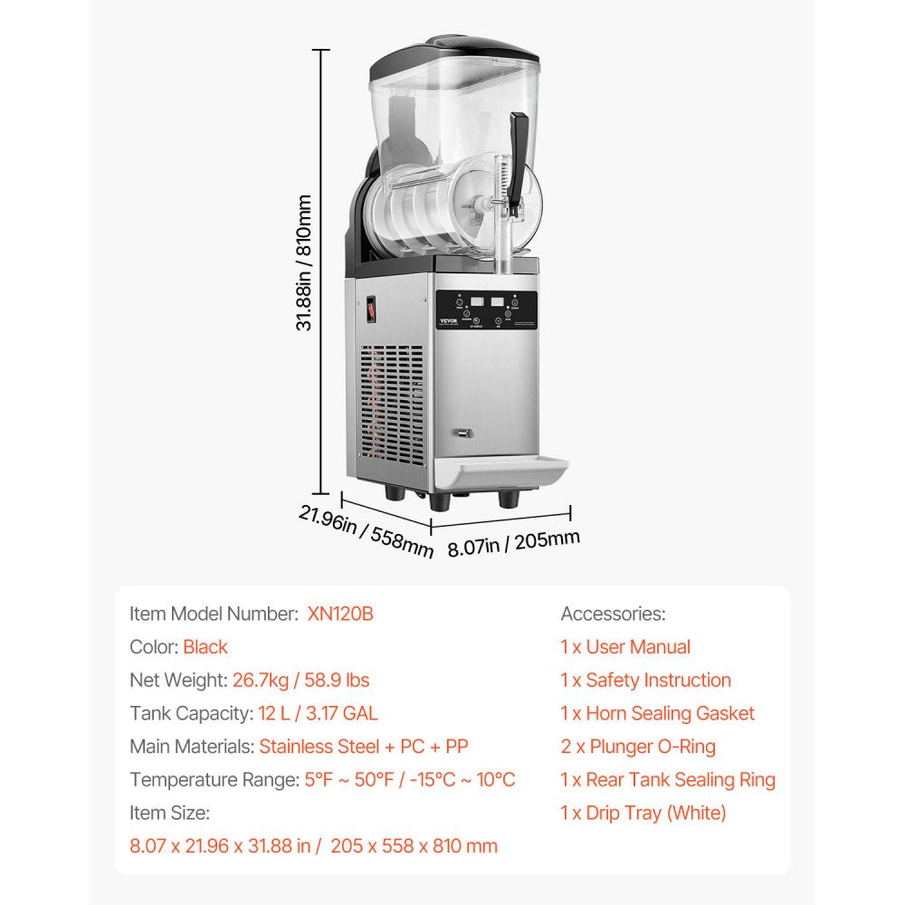 XN120B Commercial Slushy Machine 12L Single Tank Frozen Drink Maker, Stainless Steel Margarita & Smoothie Machine, 48 Cups for Restaurants, Cafes, Bars & Parties