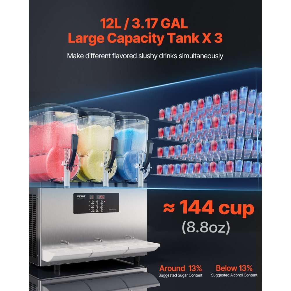 XN360B Commercial Slushy Machine, 3 x 12L Triple Tank Frozen Drink Maker, Stainless Steel Margarita & Smoothie Machine