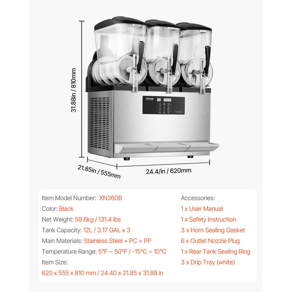 XN360B Commercial Slushy Machine, 3 x 12L Triple Tank Frozen Drink Maker, Stainless Steel Margarita & Smoothie Machine