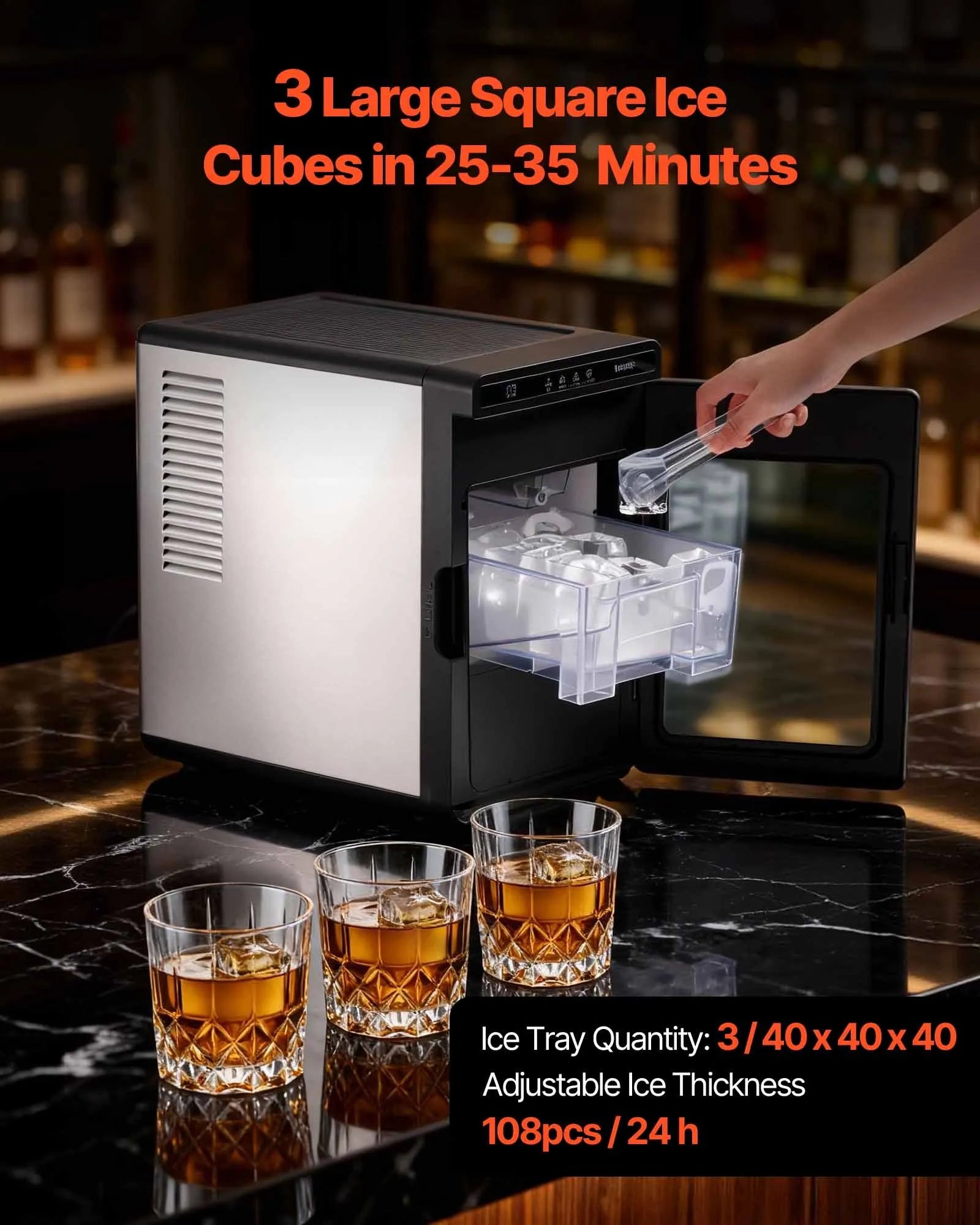 HZBF-0340 22 lbs/Day Countertop Ice Maker, Self-Cleaning Portable Ice Machine with Square Ice Cubes & Ice Tong