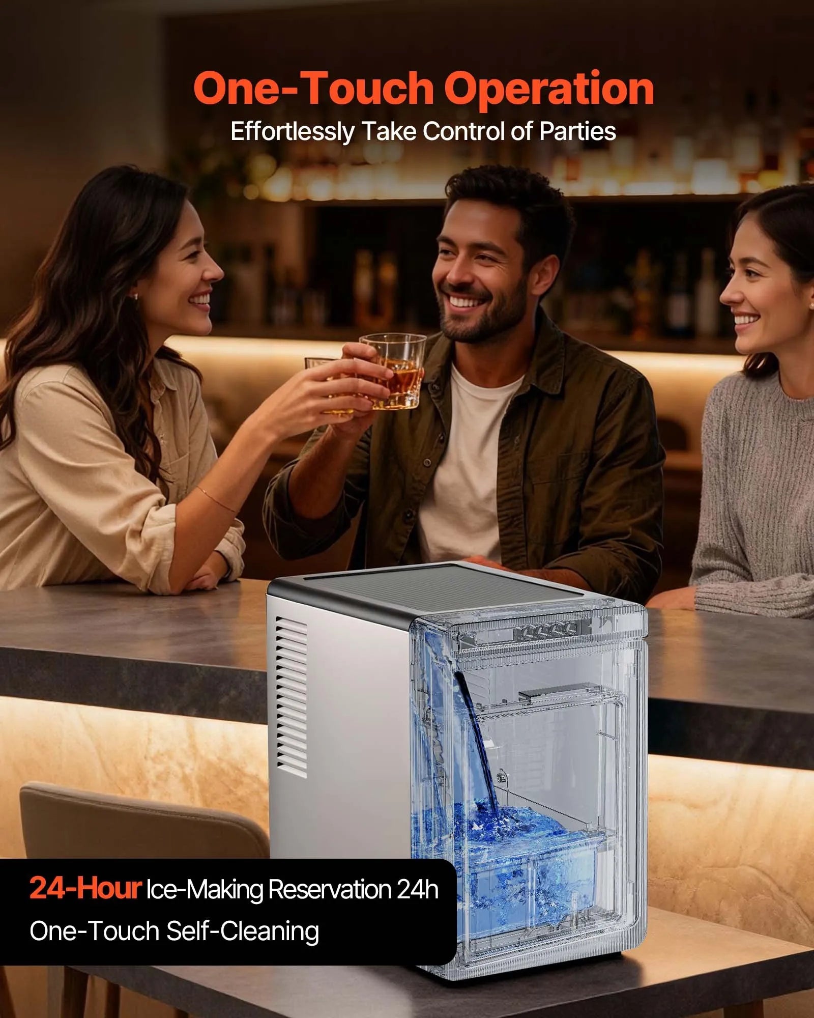 HZBF-0340 22 lbs/Day Countertop Ice Maker, Self-Cleaning Portable Ice Machine with Square Ice Cubes & Ice Tong