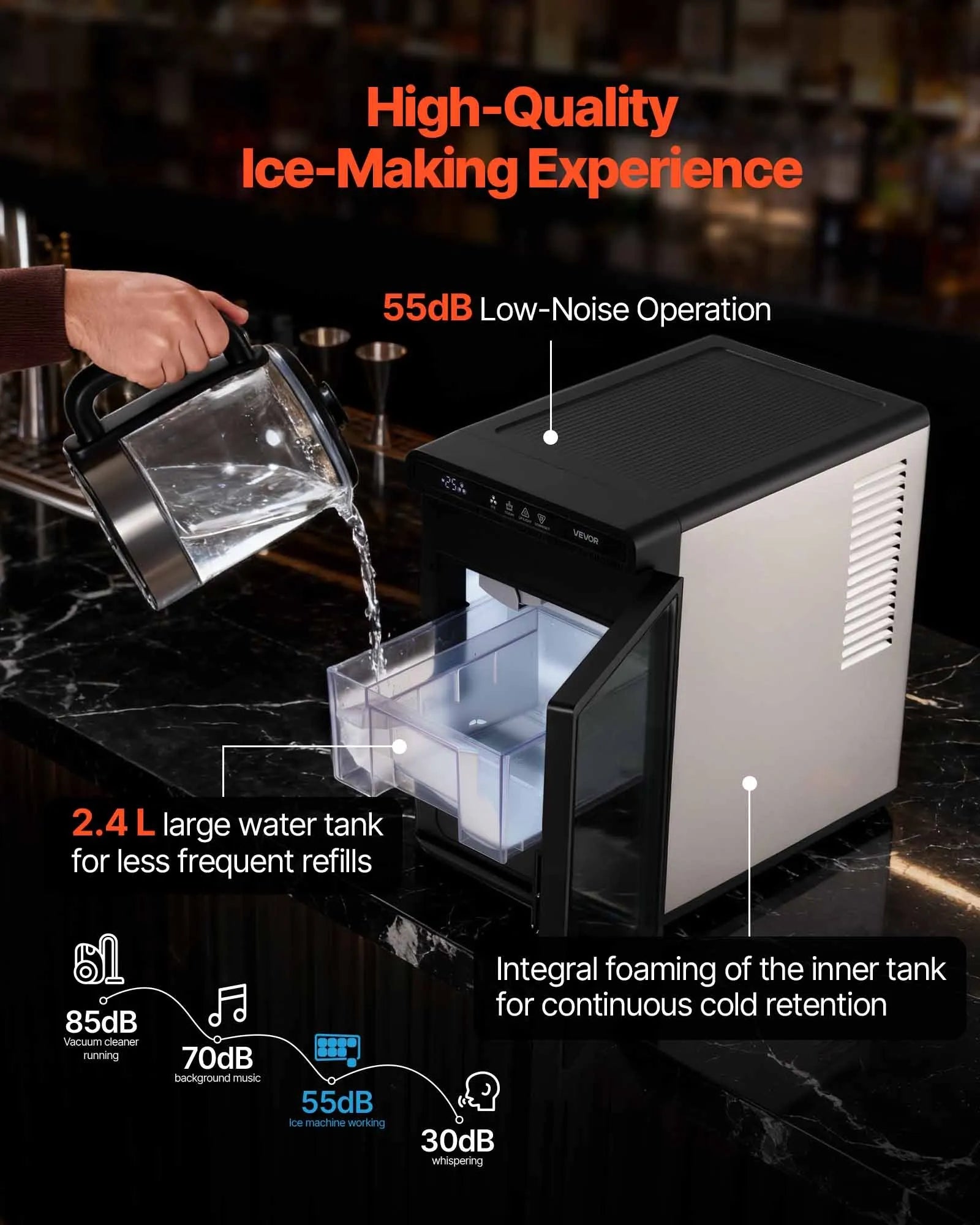 HZBF-0340 22 lbs/Day Countertop Ice Maker, Self-Cleaning Portable Ice Machine with Square Ice Cubes & Ice Tong