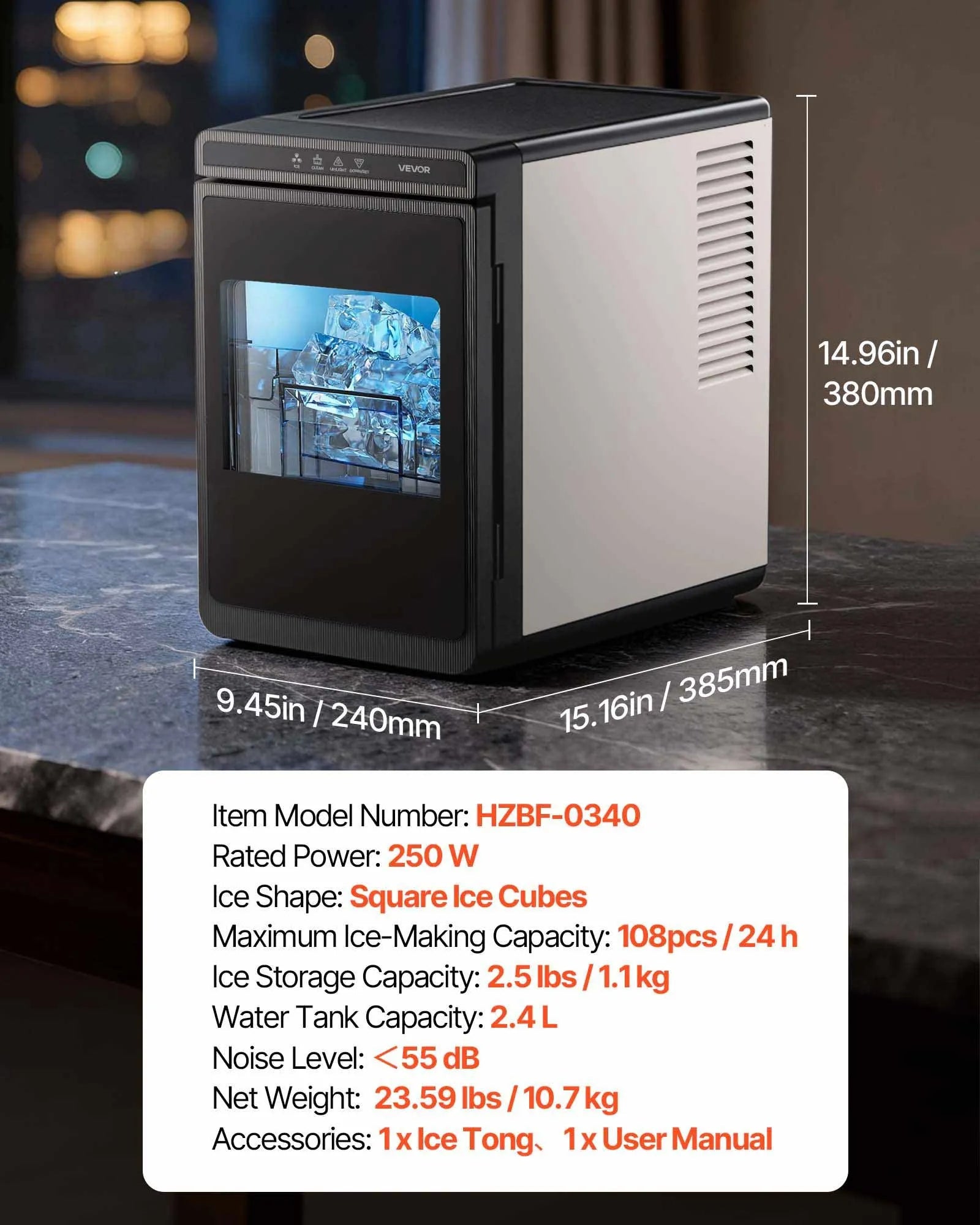 HZBF-0340 22 lbs/Day Countertop Ice Maker, Self-Cleaning Portable Ice Machine with Square Ice Cubes & Ice Tong