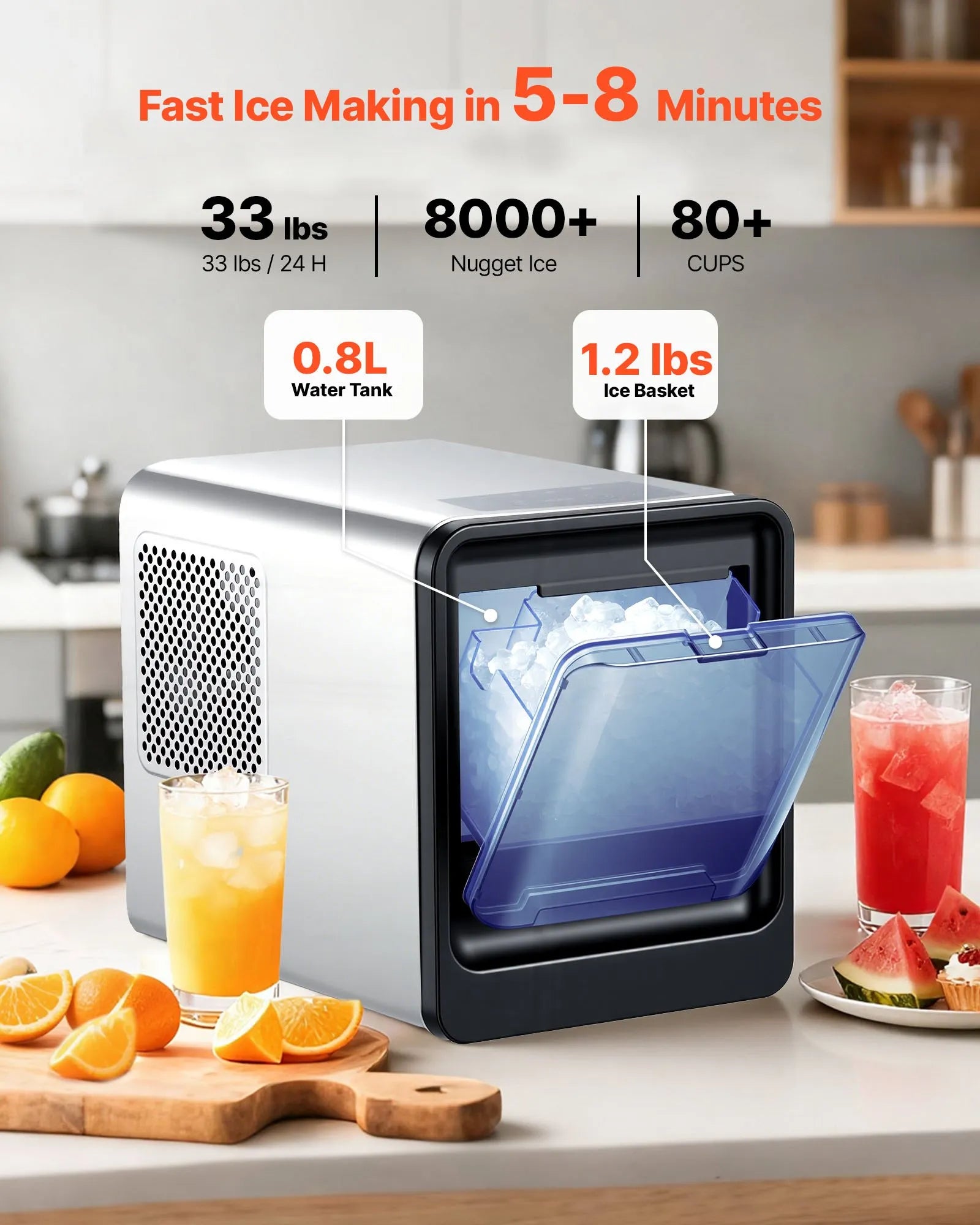BS-303 33Lbs/Day Nugget Ice Maker, Portable Countertop Pebble Ice Machine with Self-Cleaning & Scoop