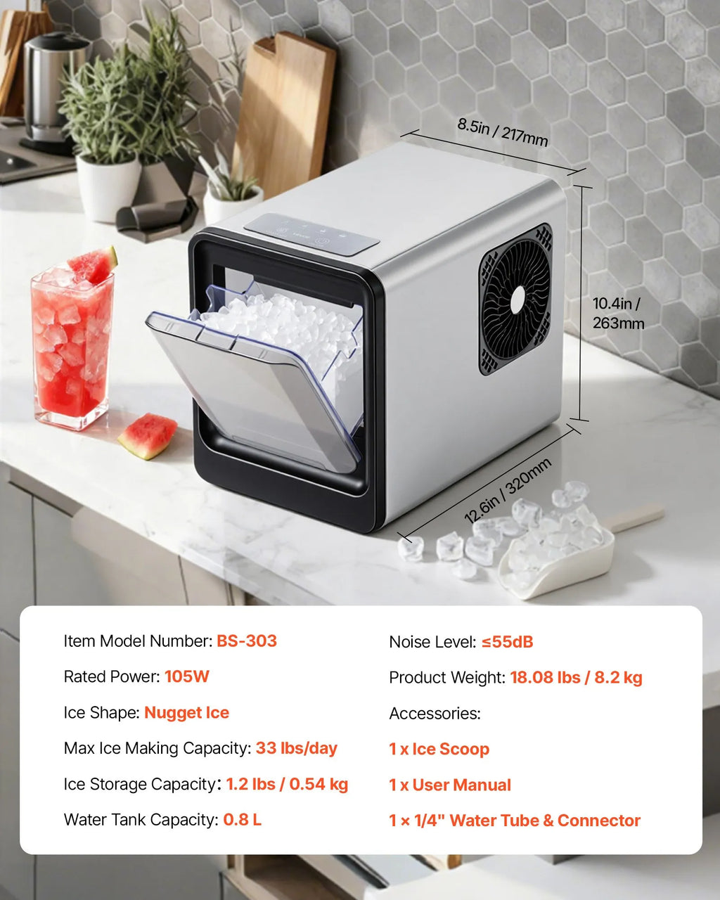 BS-303 33Lbs/Day Nugget Ice Maker, Portable Countertop Pebble Ice Machine with Self-Cleaning & Scoop