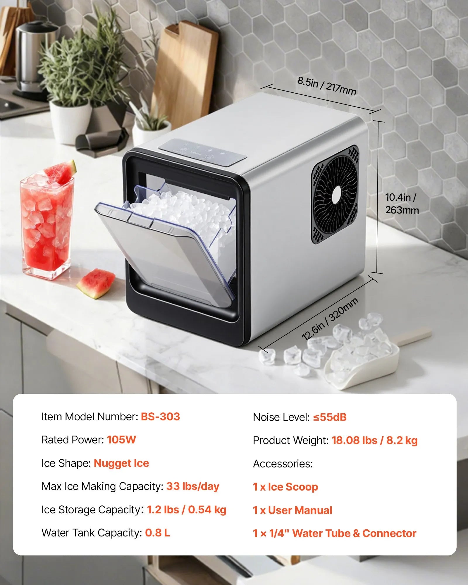 BS-303 33Lbs/Day Nugget Ice Maker, Portable Countertop Pebble Ice Machine with Self-Cleaning & Scoop