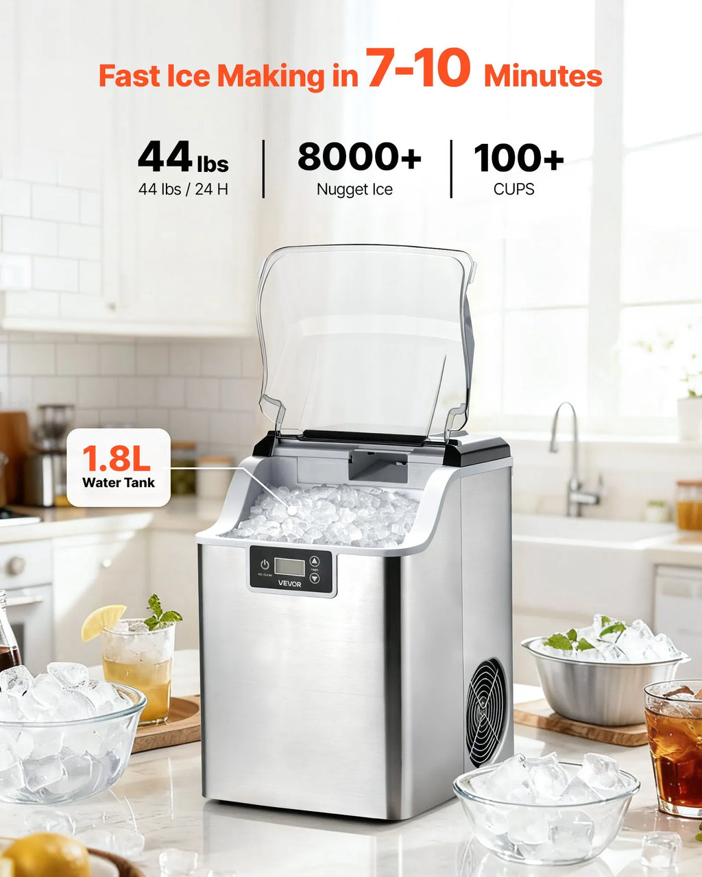 44lbs/Day Nugget Ice Maker, Self-Cleaning Countertop Ice Machine with Scoop & 4lb Basket