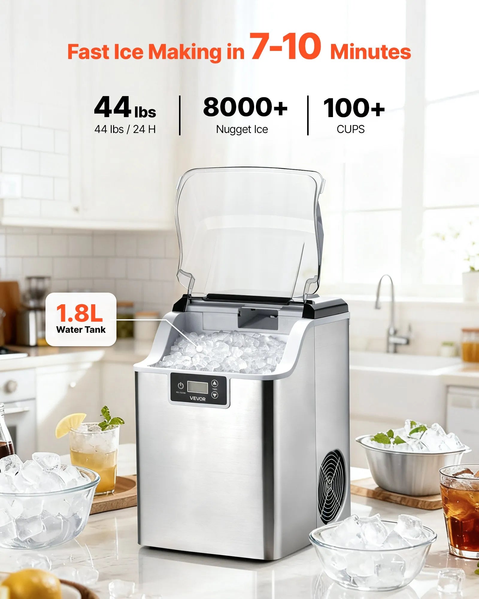 44lbs/Day Nugget Ice Maker, Self-Cleaning Countertop Ice Machine with Scoop & 4lb Basket